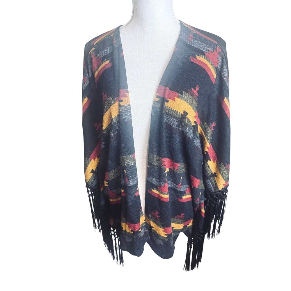 Wrangler Southwestern Fringe Kimono Open Front Wrap Boho Western Black Multi OS